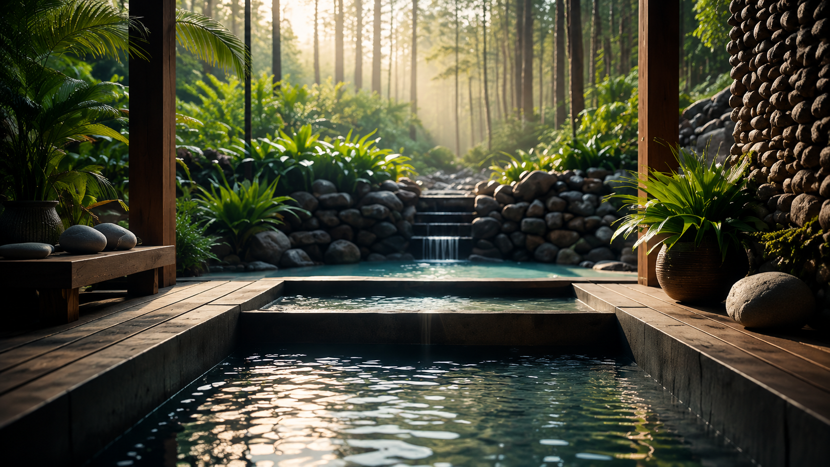 Hot spring spa pools surrounded by lush forest and natural stone